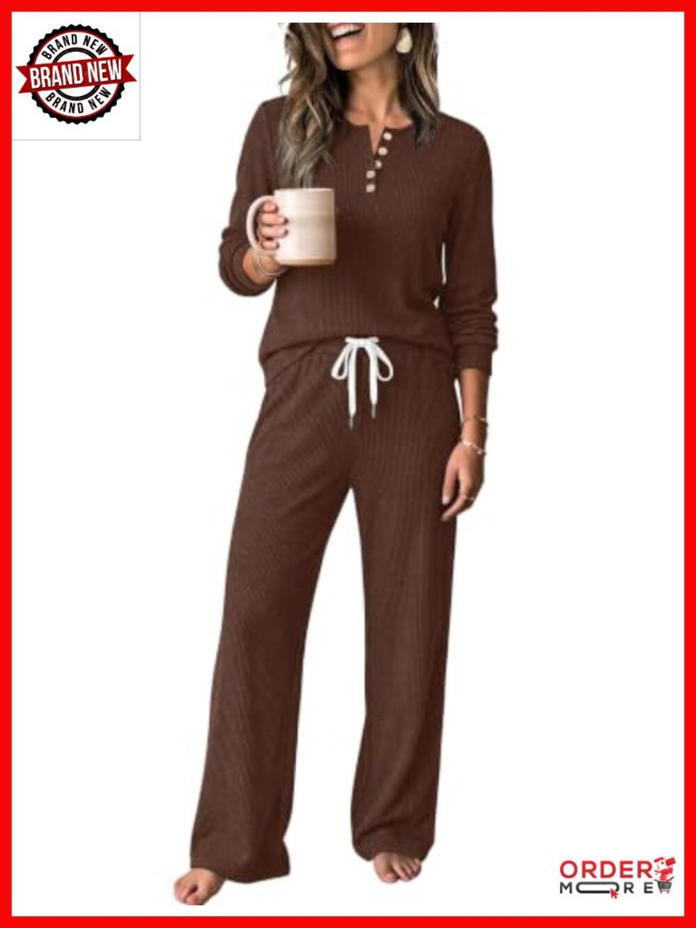 Two Piece Lounge Set Crew Neck Button Down Wide Leg Pajamas